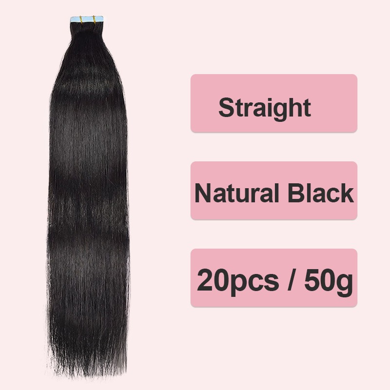 Human hair tape hair extensions that add length and volume to your hair, with a straight texture